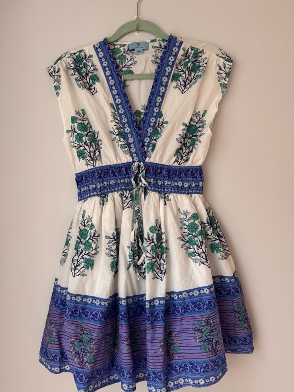 CeCe White Floral V-Neck Sundress with Blue Trim